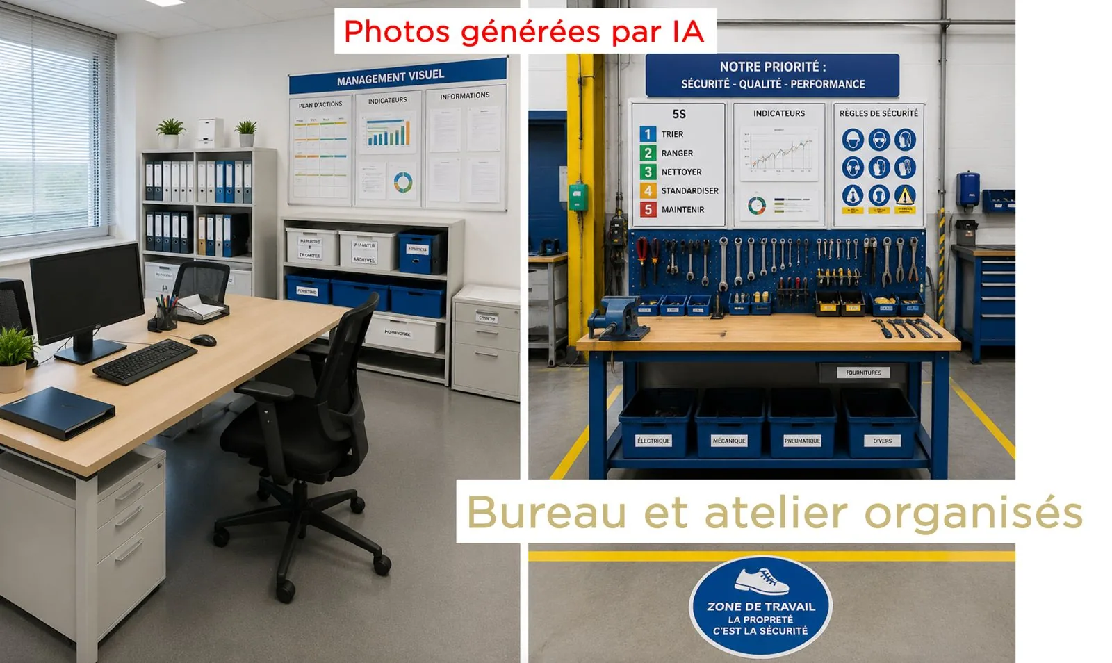 Bureau et atelier organisés selon le 5S, avec management visuel, rangements étiquetés et marquage au sol (photos générées par IA)