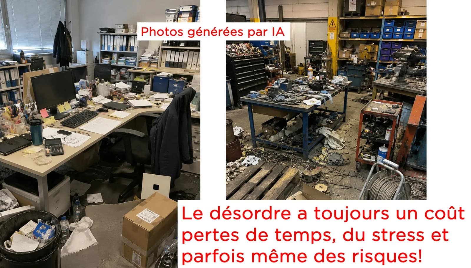 Bureau et atelier en désordre (photos générées par IA) : le désordre a toujours un coût, en temps perdu, en stress et parfois en risques