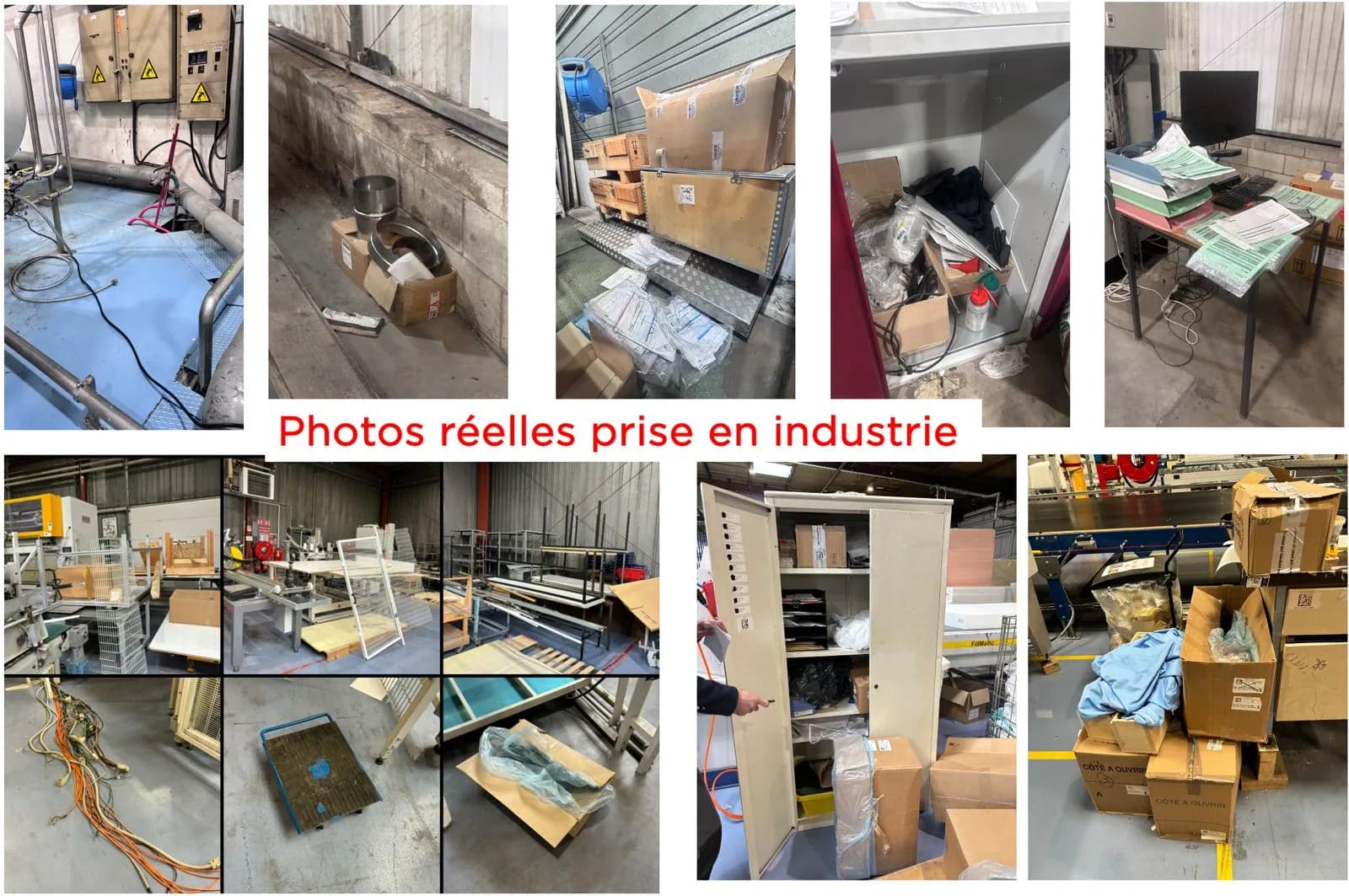 Photos réelles prises en industrie : câbles au sol, cartons empilés, armoires encombrées, postes et zones de stockage en désordre