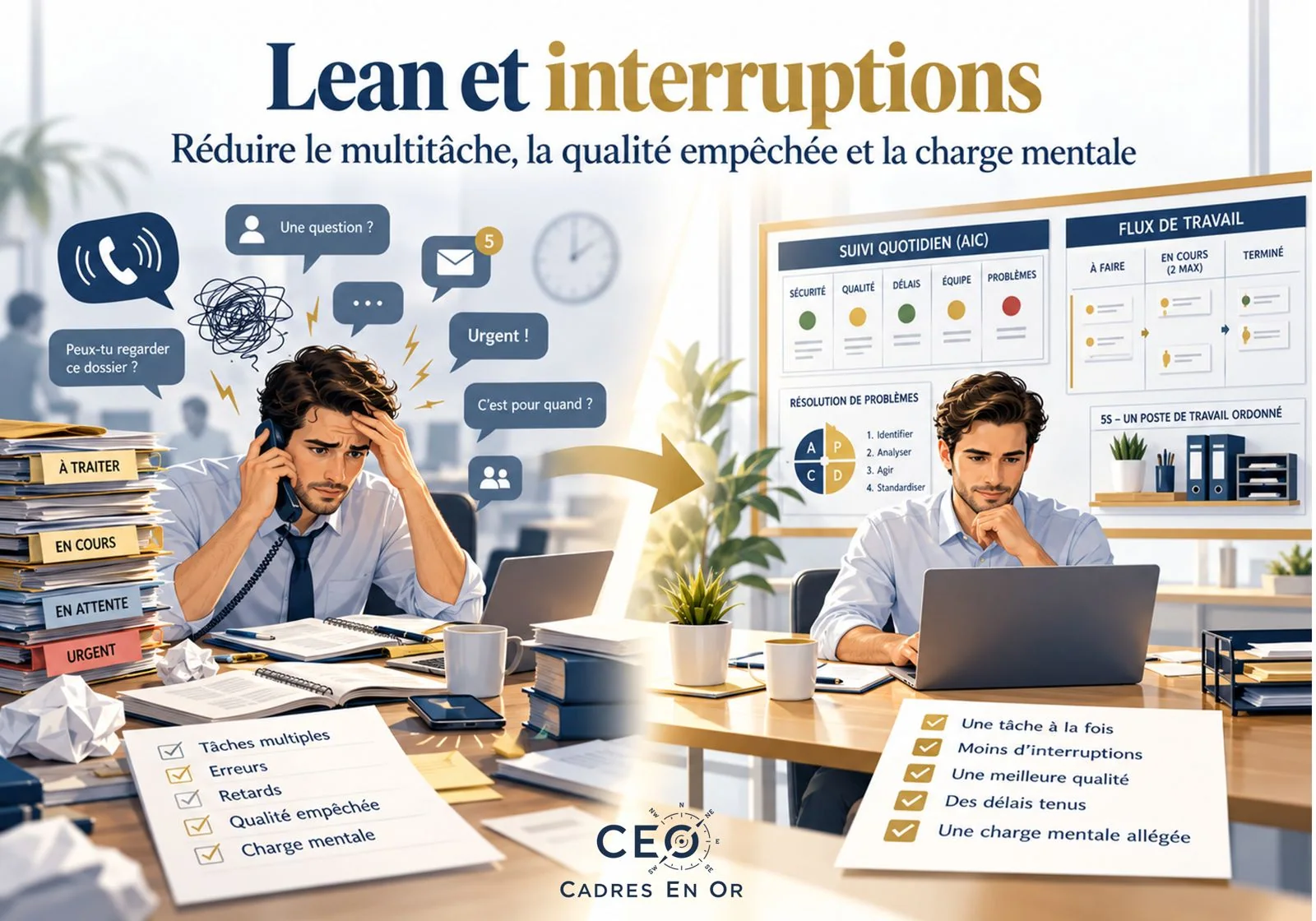 Illustration : d’un côté, un salarié débordé par les appels, les messages et les dossiers en attente ; de l’autre, un poste organisé avec suivi quotidien (AIC), flux de travail limité à deux tâches en cours, résolution de problèmes et 5S
