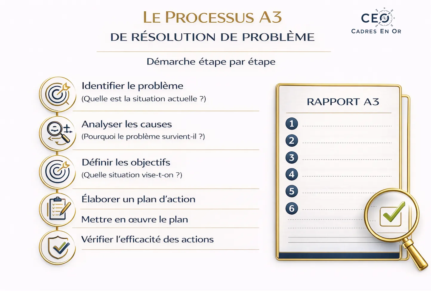 Processus A3 de résolution de problème : identifier le problème, analyser les causes, définir les objectifs, élaborer et mettre en œuvre un plan d’action, puis vérifier l’efficacité, à partir d’un rapport A3