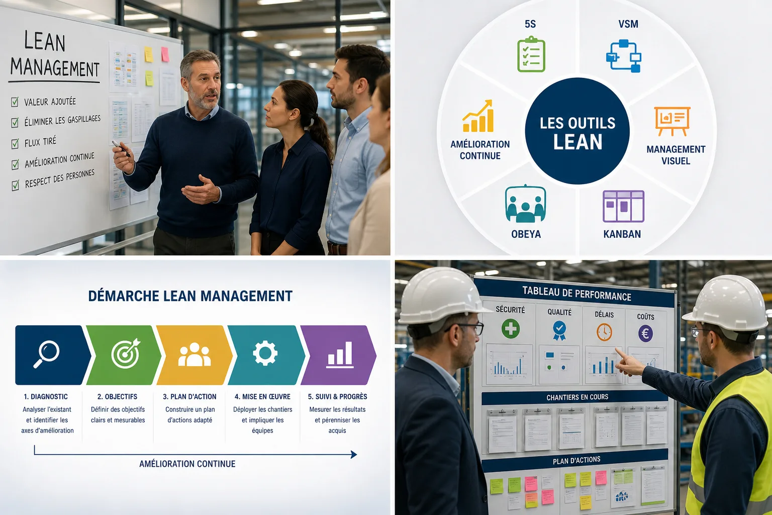 Lean Management : principes Lean, outils Lean (5S, VSM, management visuel, Obeya, Kanban), démarche en cinq étapes et tableau de performance