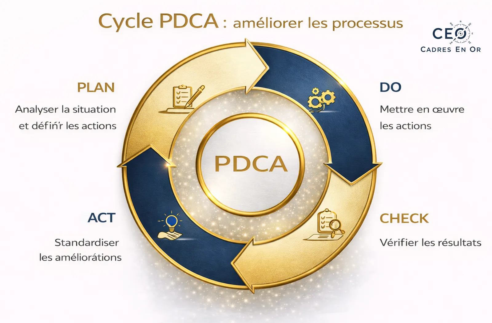 Cycle PDCA en quatre étapes : Plan (analyser la situation et définir les actions), Do (mettre en œuvre les actions), Check (vérifier les résultats), Act (standardiser les améliorations)