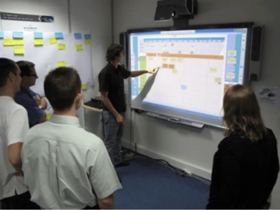 Réunion d’équipe Obeya digitale : un participant désigne le planning d’un projet affiché sur un grand écran interactif, devant un panneau de notes adhésives, face à quatre collègues