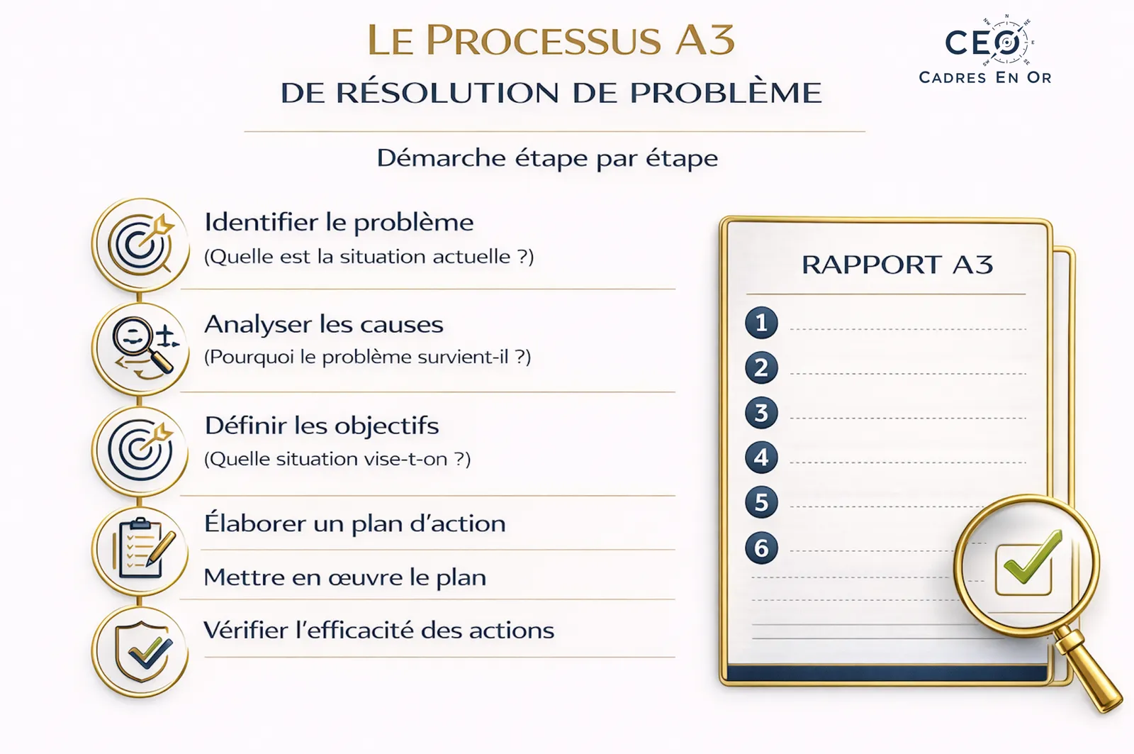 Processus A3 de résolution de problème : identifier le problème, analyser les causes, définir les objectifs, élaborer et mettre en œuvre un plan d’action, vérifier l’efficacité, à partir d’un rapport A3