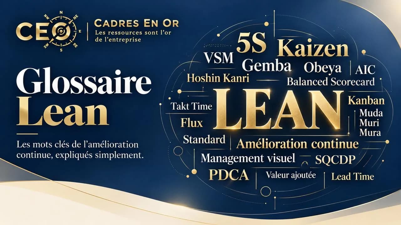 Glossaire Lean : les mots clés de l’amélioration continue expliqués simplement — 5S, Kaizen, Gemba, Obeya, VSM, Hoshin Kanri, Muda, PDCA, Kanban